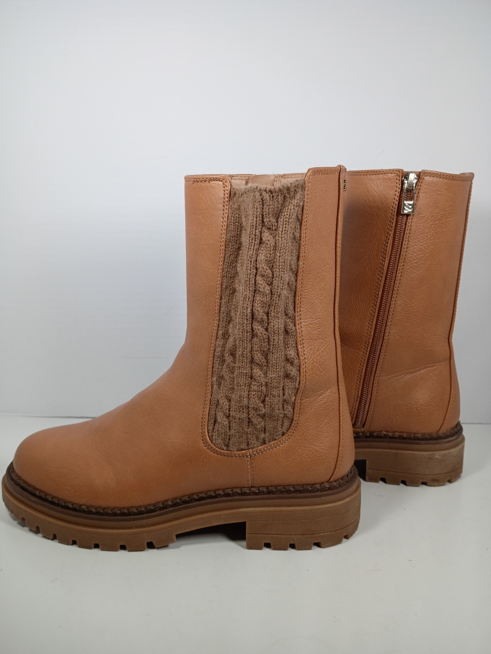 Sam & Libby Tan Cable Knit Panel Zip Mid-Calf Bootie Lined Round Toe 8.5/40